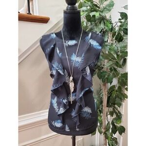 Fab'rik Womens Black Polyester Sleeveless Round Neck Casual Ruffle Top Blouse S